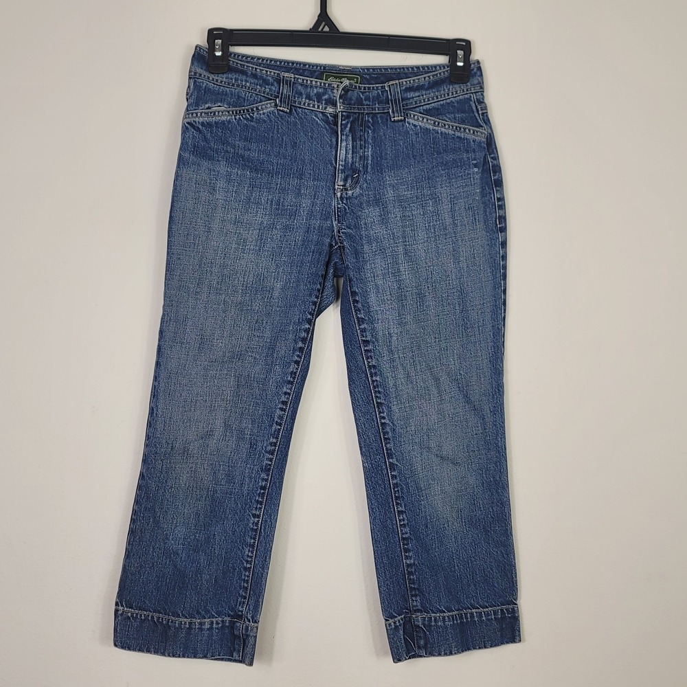 Vtg 90s Eddie Bauer Reworked Y2K Crop Jeans 6 Rigid Cotton Distressed Grunge